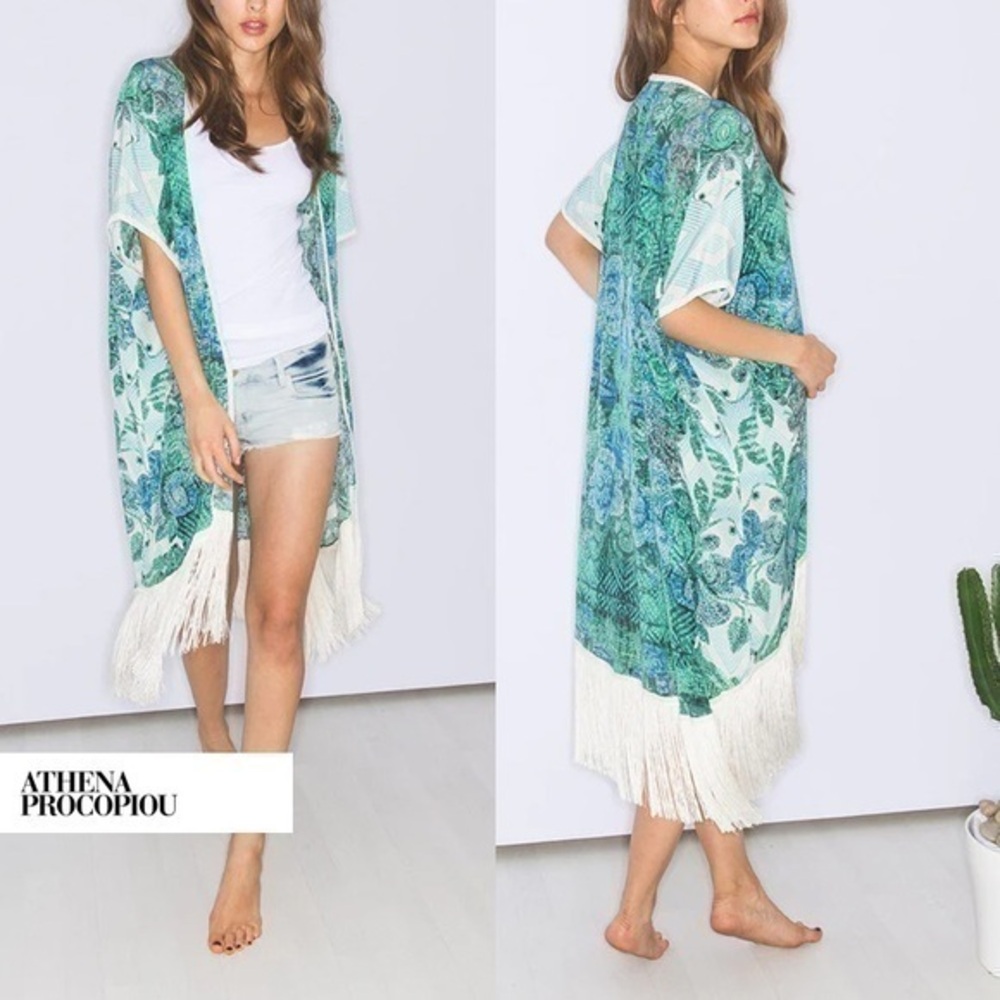 Athena Procopiou Silk Blue Green Print Fringe Kimono M/L